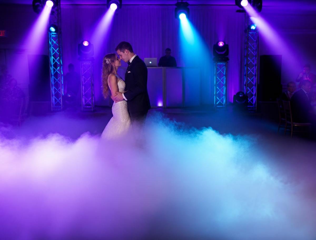 Low-lying dry ice fog covering a wedding dance floor